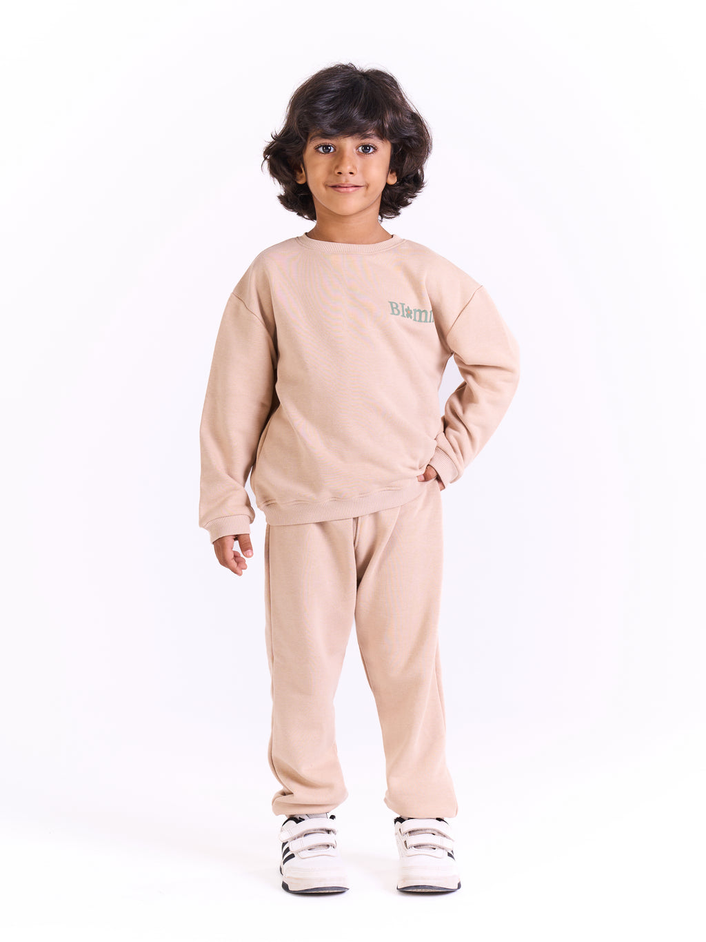 Unisex-  Cotton Sweat Set-Printed logo- Beige