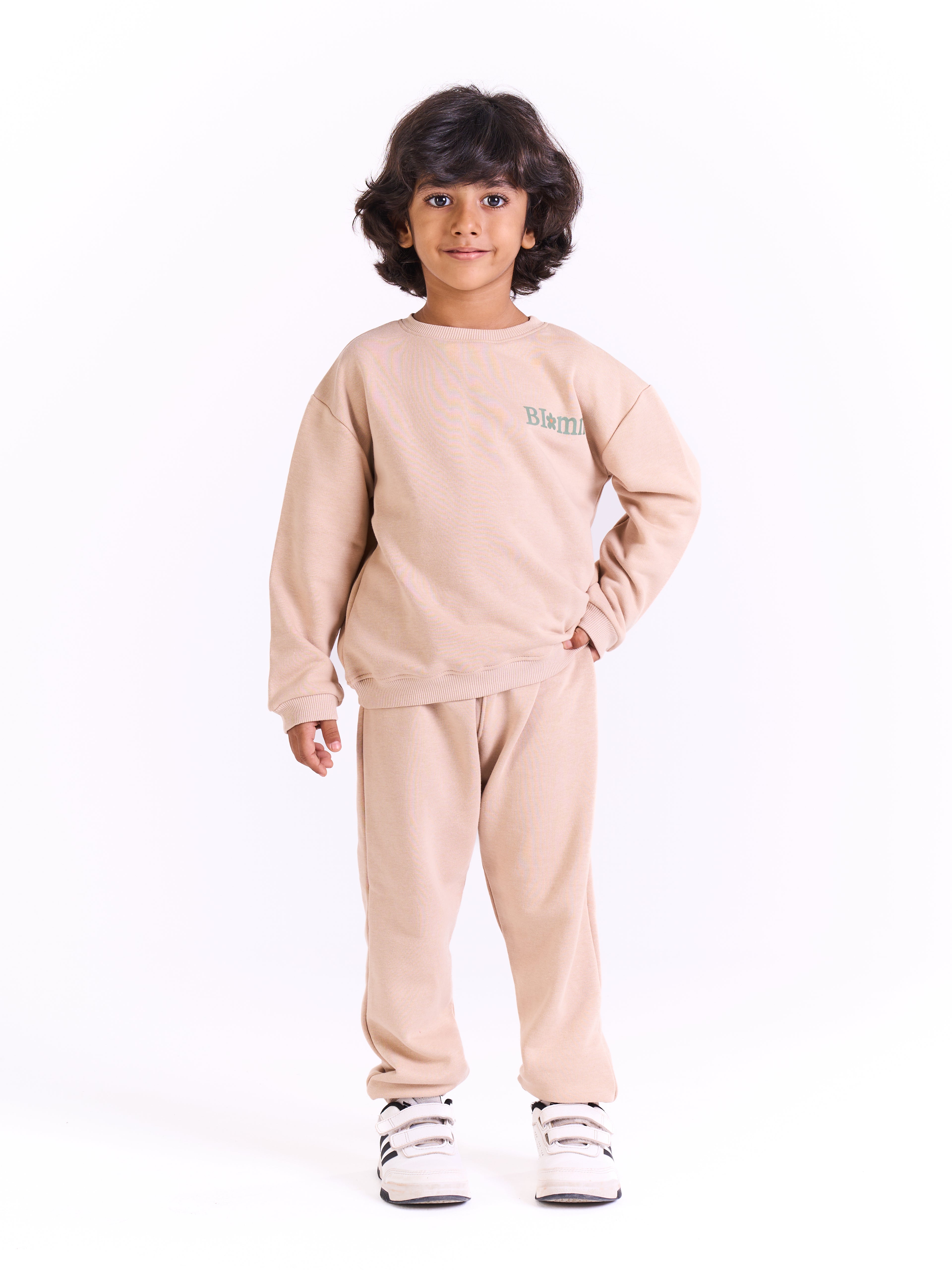 Unisex-  Cotton Sweat Set-Printed logo- Beige